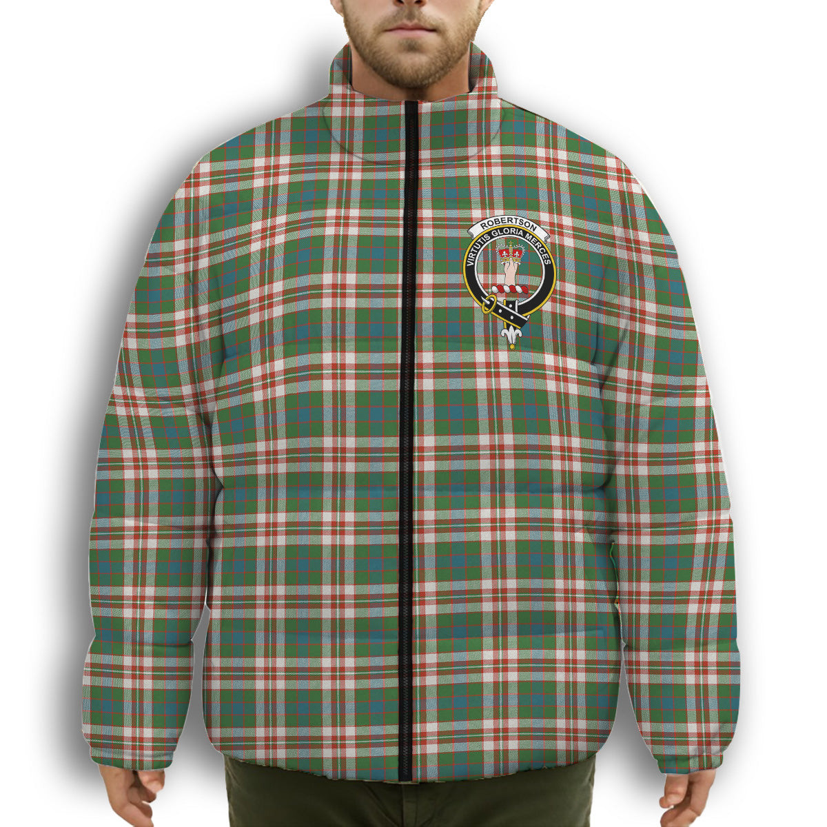ScotsTee Shop Scottish Robertson Dress Ancient Crest Tartan Collar Down Jacket Winter White Duck Down Plaid