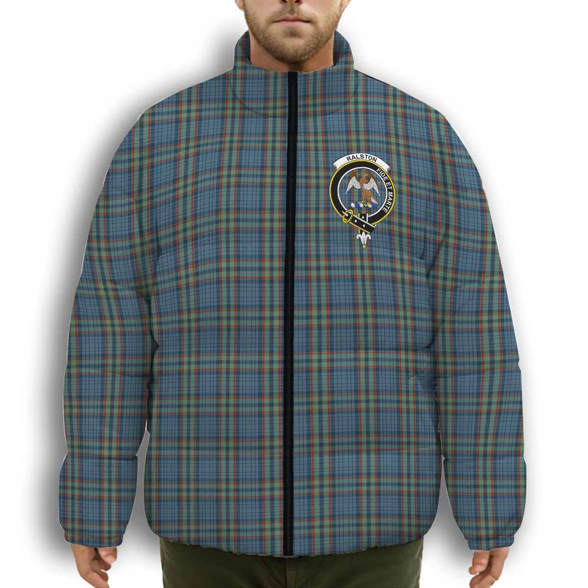 ScotsTee Shop Scottish Ralston UK Crest Tartan Collar Down Jacket Winter White Duck Down Plaid