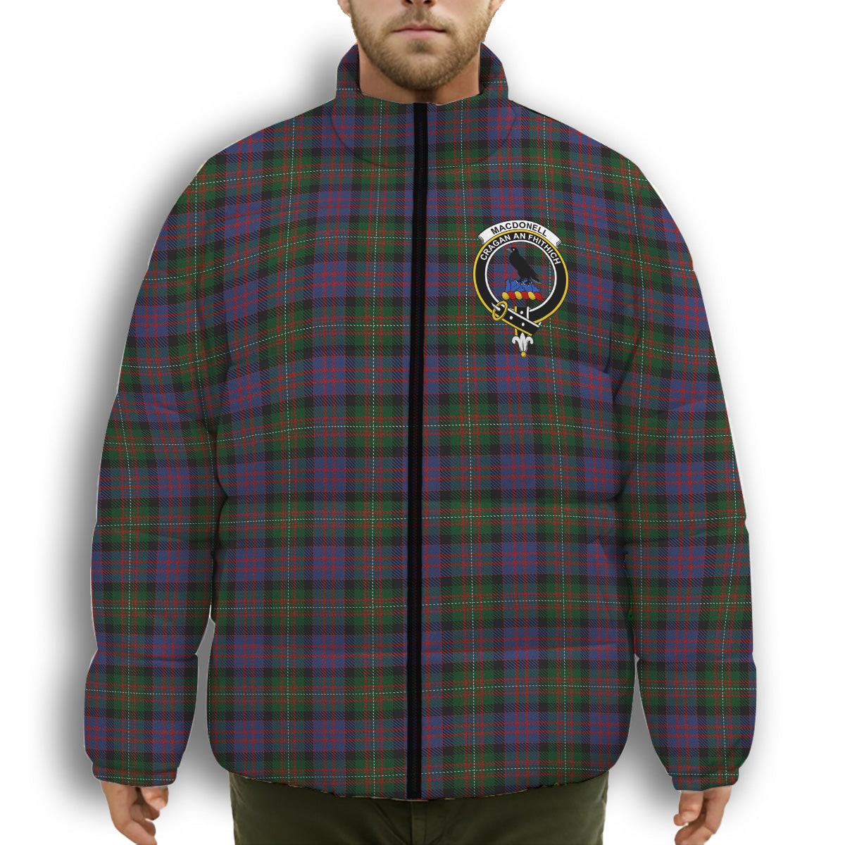ScotsTee Shop Scottish MacDonell of Glengarry 2 Crest Tartan Collar Down Jacket Winter White Duck Down Plaid
