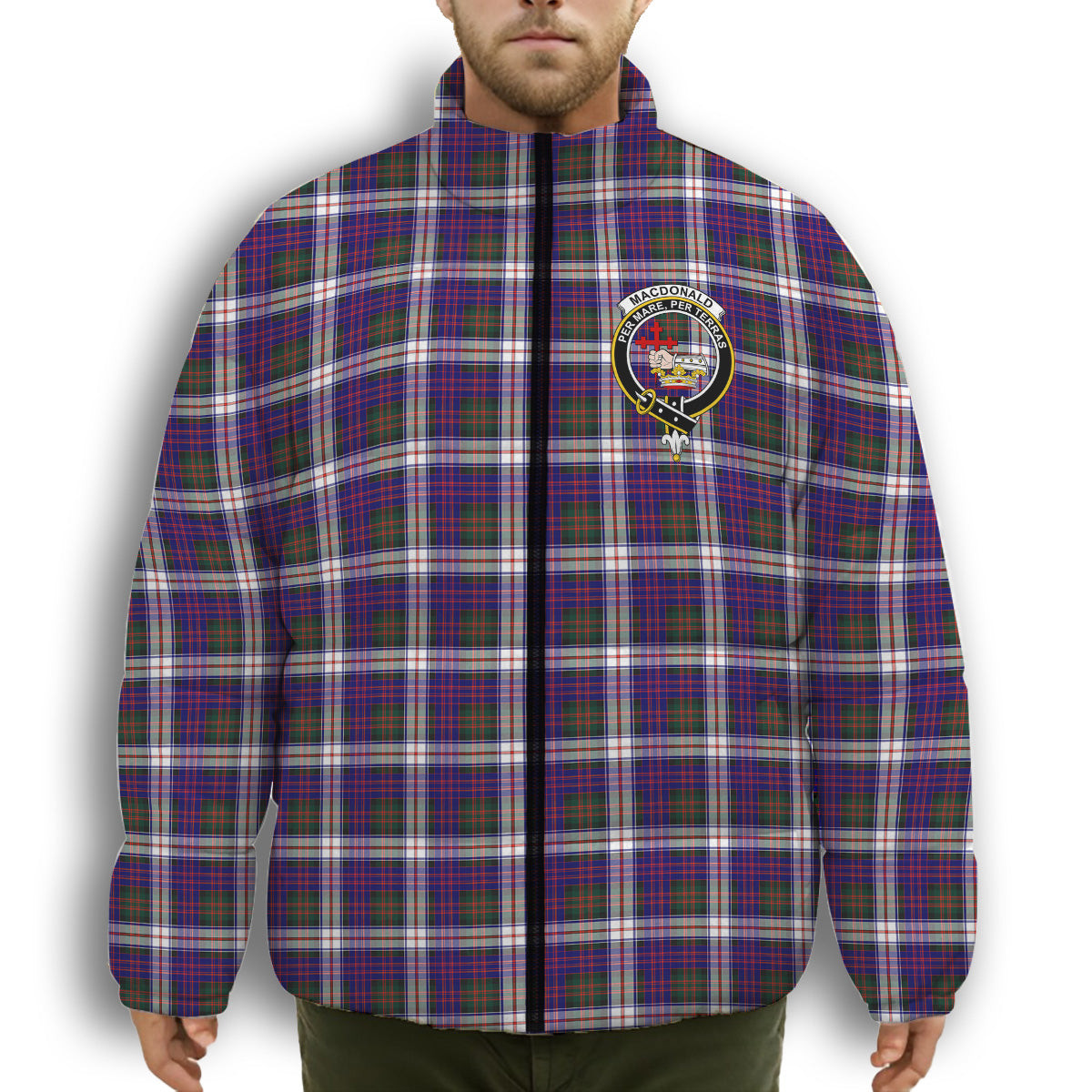 ScotsTee Shop Scottish MacDonald Dress Modern SC Crest Tartan Collar Down Jacket Winter White Duck Down Plaid