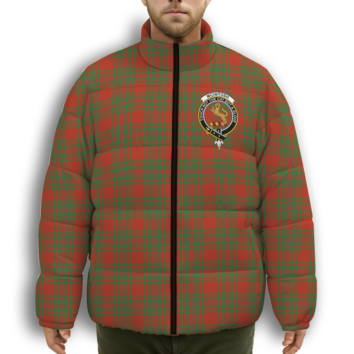 ScotsTee Shop Scottish McIntosh Red Ancient Crest Tartan Collar Down Jacket Winter White Duck Down Plaid