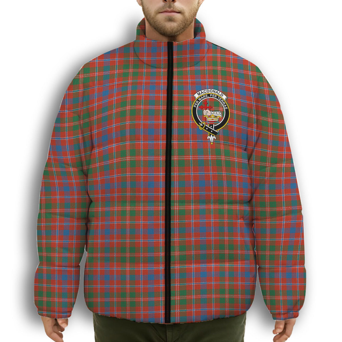 ScotsTee Shop Scottish MacDonald of Glenaladale Ancient Crest Tartan Collar Down Jacket Winter White Duck Down Plaid