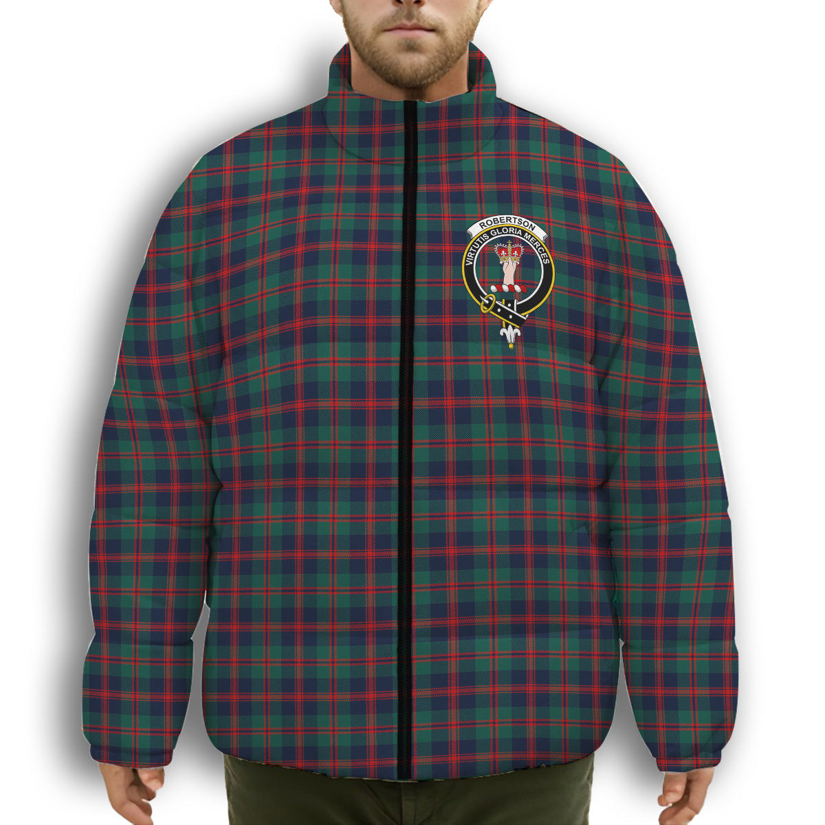 ScotsTee Shop Scottish Robertson of Struan Modern Crest Tartan Collar Down Jacket Winter White Duck Down Plaid