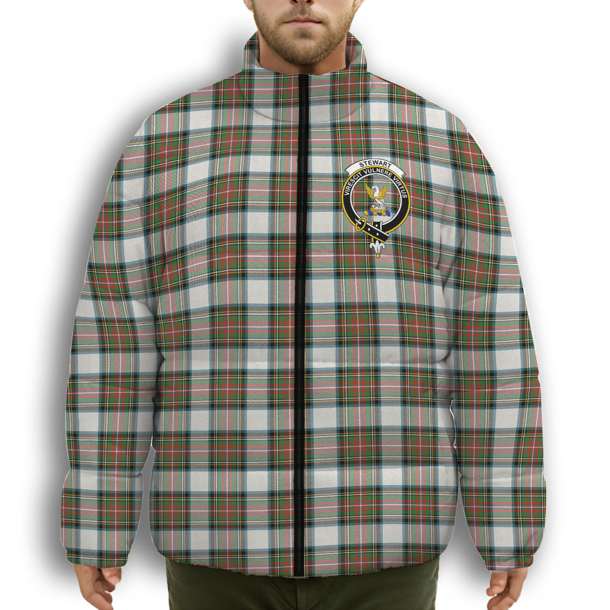 ScotsTee Shop Scottish Stewart Dress Ancient Crest Tartan Collar Down Jacket Winter White Duck Down Plaid