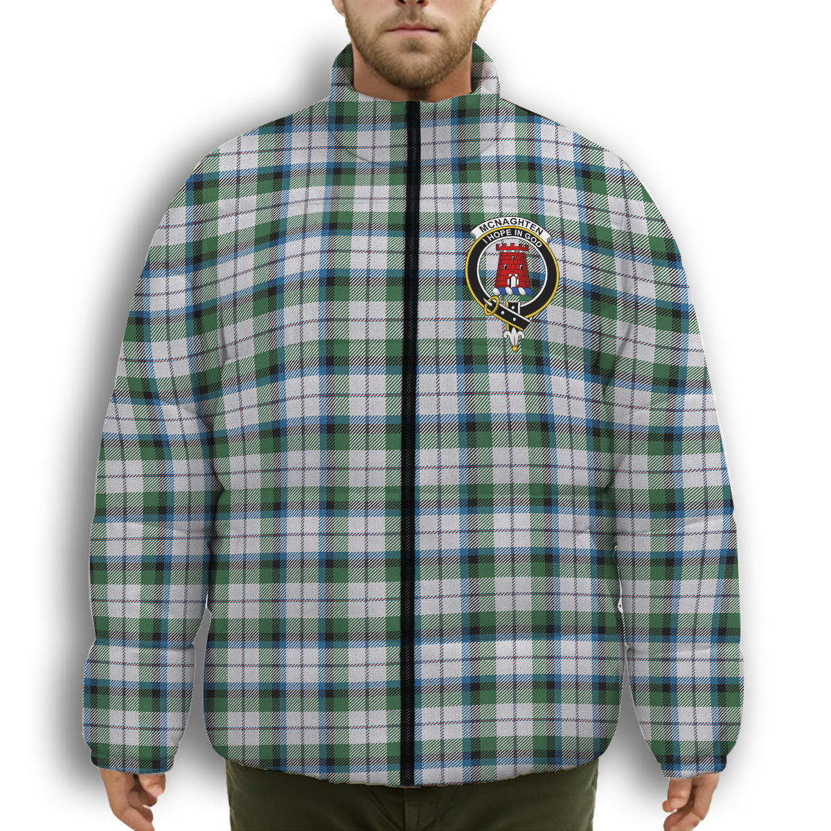 ScotsTee Shop Scottish Mcnaghten Dress Ancient Crest Tartan Collar Down Jacket Winter White Duck Down Plaid
