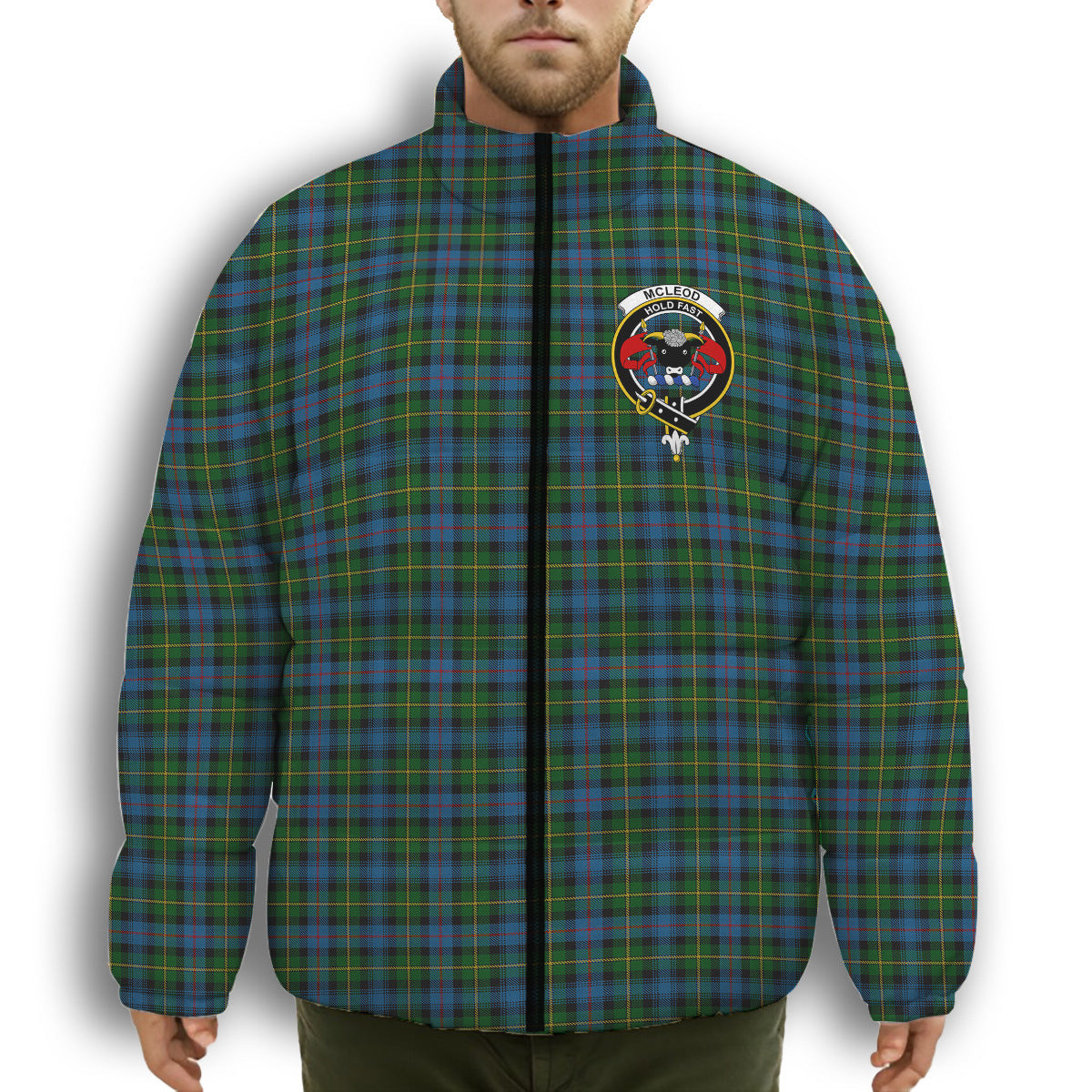 ScotsTee Shop Scottish McLeod of Skye Crest Tartan Collar Down Jacket Winter White Duck Down Plaid