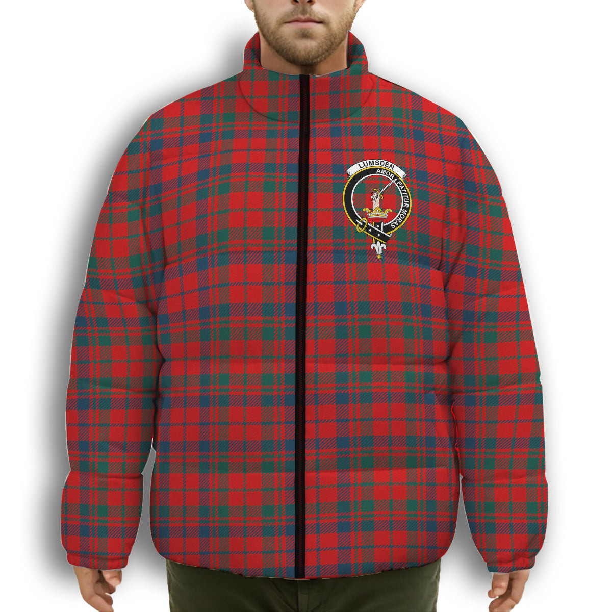 ScotsTee Shop Scottish Lumsden of Kintore Modern Crest Tartan Collar Down Jacket Winter White Duck Down Plaid