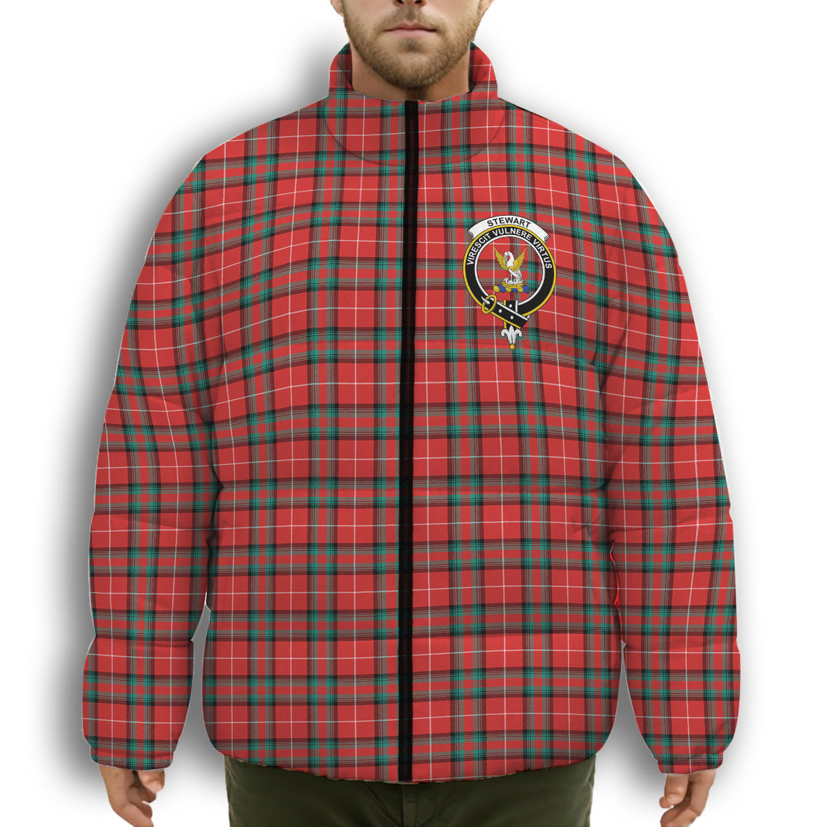 ScotsTee Shop Scottish Stewart (Stuart) of Bute Crest Tartan Collar Down Jacket Winter White Duck Down Plaid