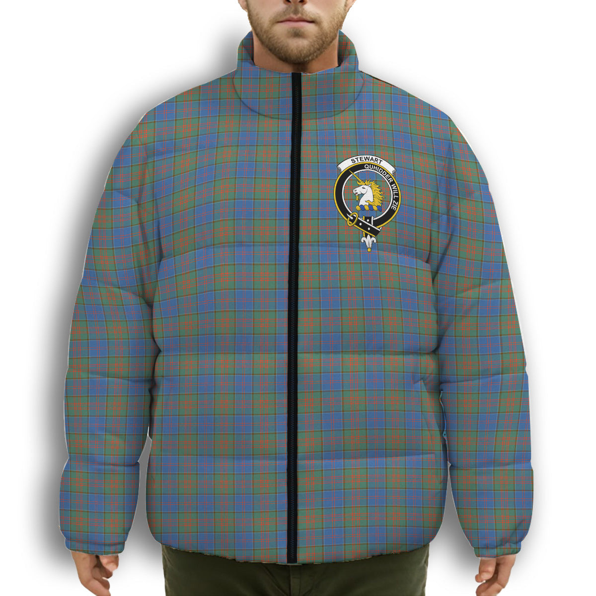 ScotsTee Shop Scottish Stewart of Appin Hunting Ancient Crest Tartan Collar Down Jacket Winter White Duck Down Plaid