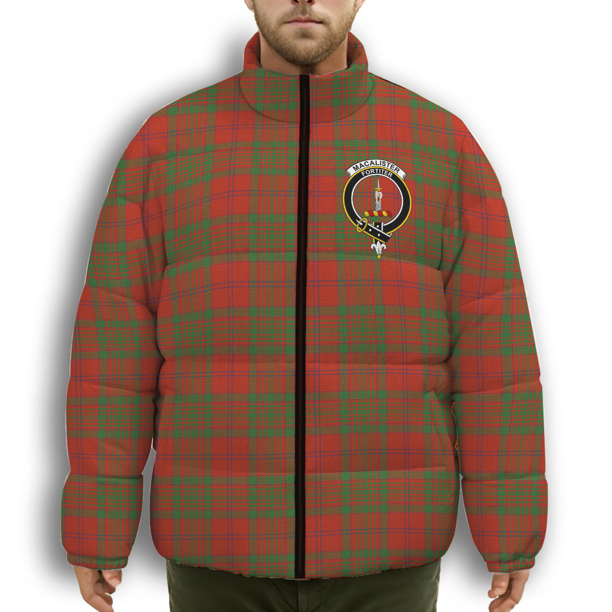 ScotsTee Shop Scottish MacAlister of Glenbarr Ancient Crest Tartan Collar Down Jacket Winter White Duck Down Plaid