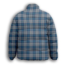 ScotsTee Shop Scottish Menzies Dress Blue & White Crest Tartan Collar Down Jacket Winter White Duck Down Plaid