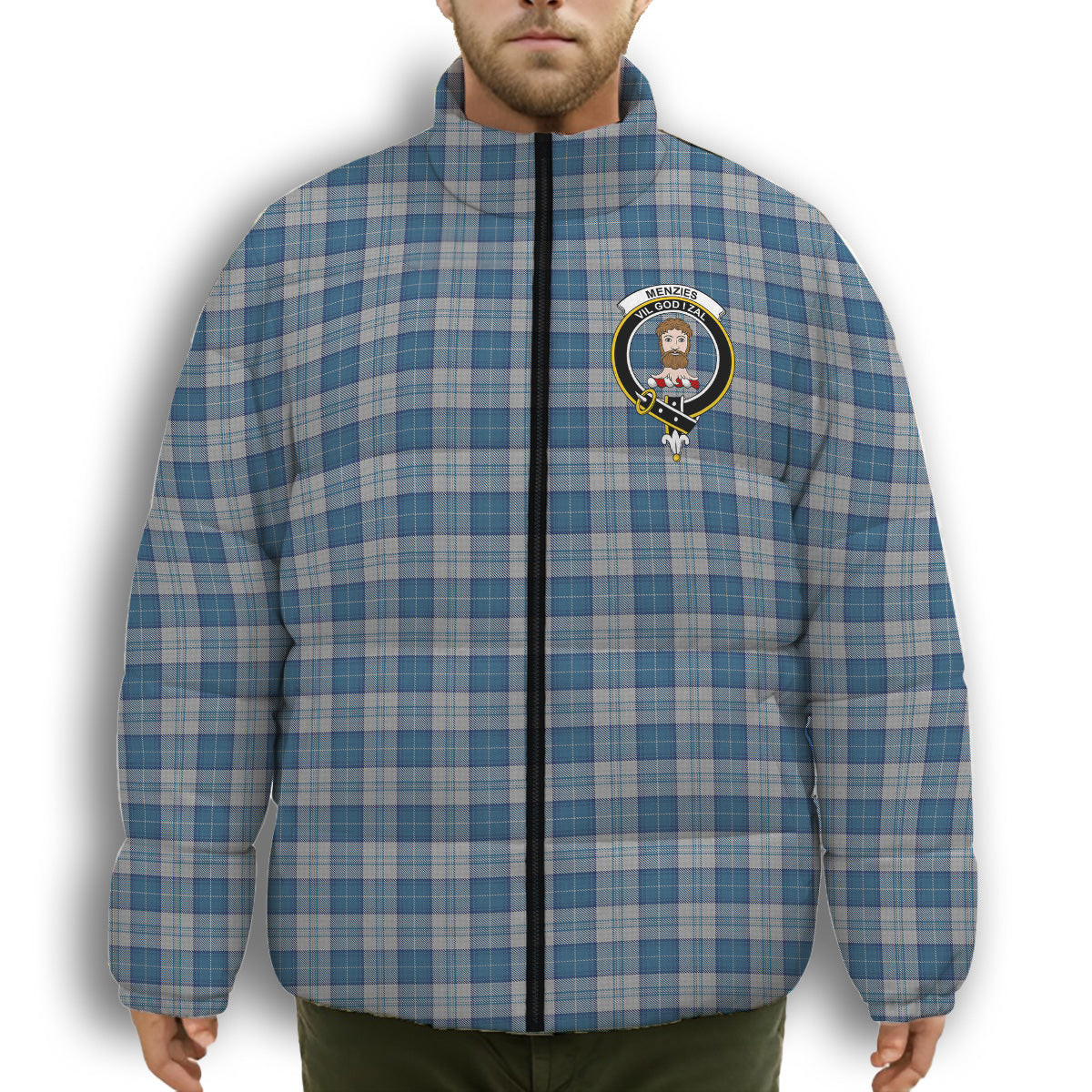 ScotsTee Shop Scottish Menzies Dress Blue & White Crest Tartan Collar Down Jacket Winter White Duck Down Plaid