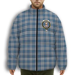 ScotsTee Shop Scottish Menzies Dress Blue & White Crest Tartan Collar Down Jacket Winter White Duck Down Plaid