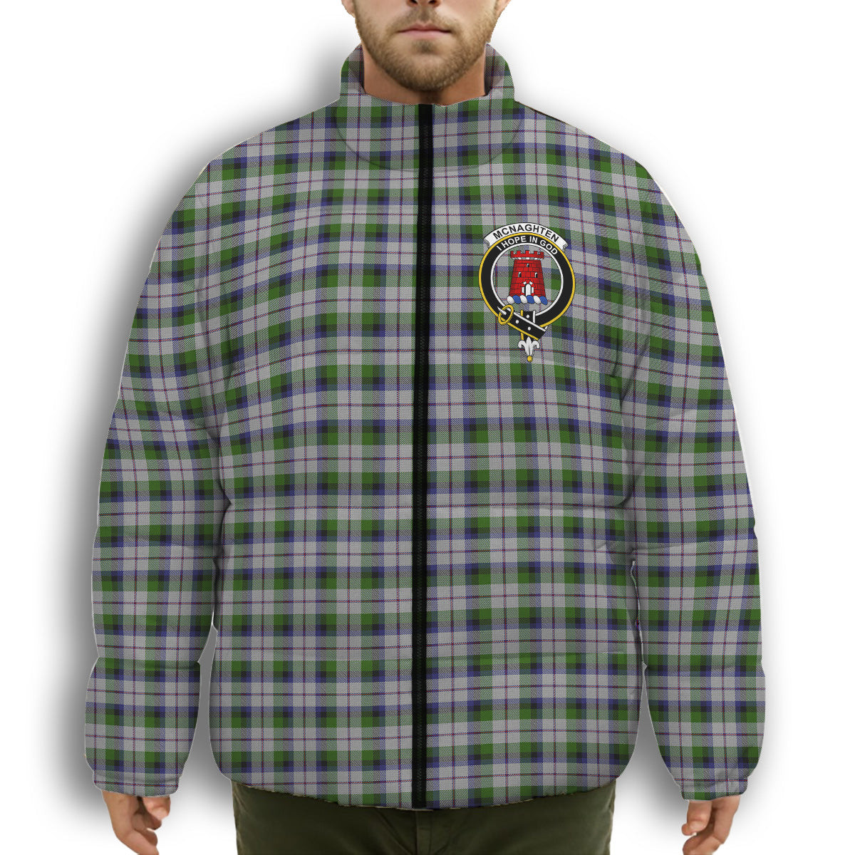 ScotsTee Shop Scottish Mcnaghten Dress Crest Tartan Collar Down Jacket Winter White Duck Down Plaid