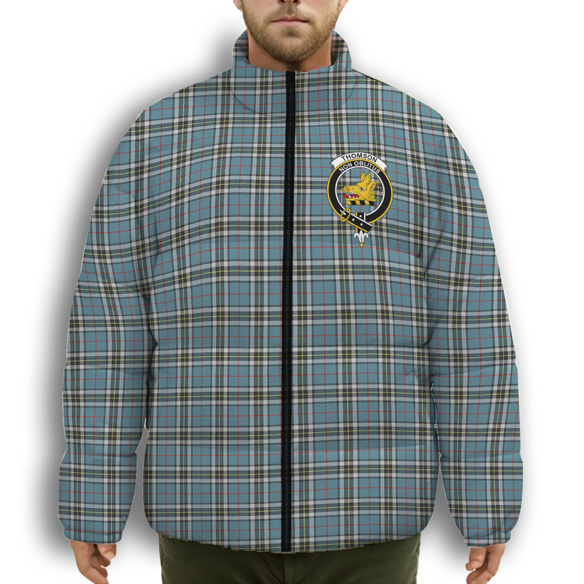 ScotsTee Shop Scottish Thomson Dress TS1383 Crest Tartan Collar Down Jacket Winter White Duck Down Plaid