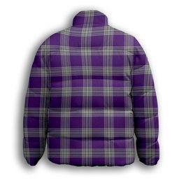 ScotsTee Shop Scottish Menzies Mauve and White Crest Tartan Collar Down Jacket Winter White Duck Down Plaid