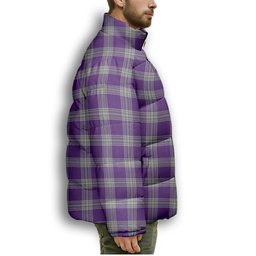 ScotsTee Shop Scottish Menzies Mauve and White Crest Tartan Collar Down Jacket Winter White Duck Down Plaid
