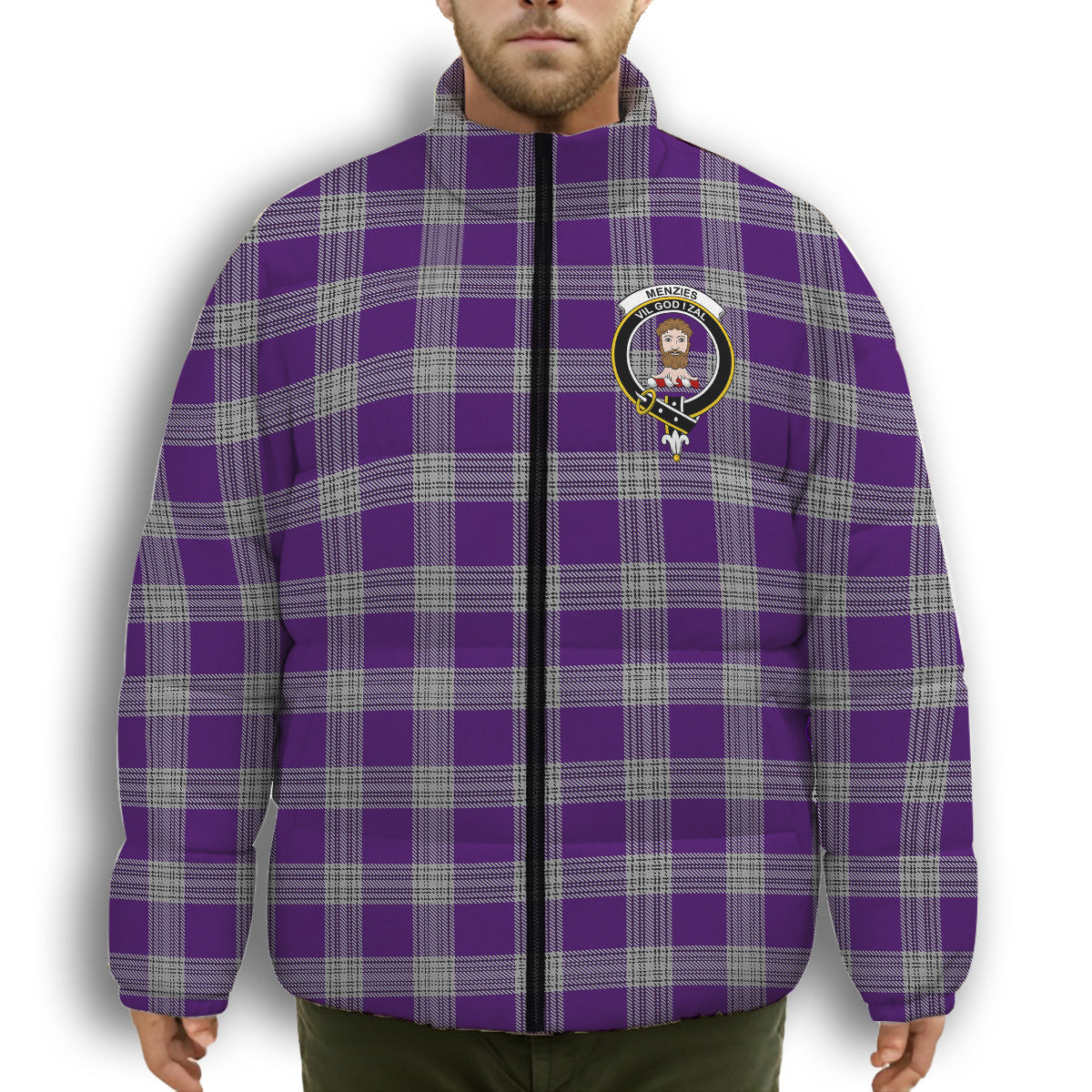 ScotsTee Shop Scottish Menzies Mauve and White Crest Tartan Collar Down Jacket Winter White Duck Down Plaid