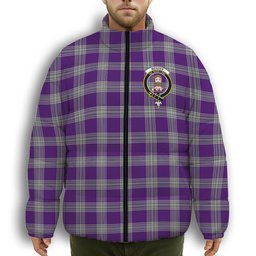 ScotsTee Shop Scottish Menzies Mauve and White Crest Tartan Collar Down Jacket Winter White Duck Down Plaid