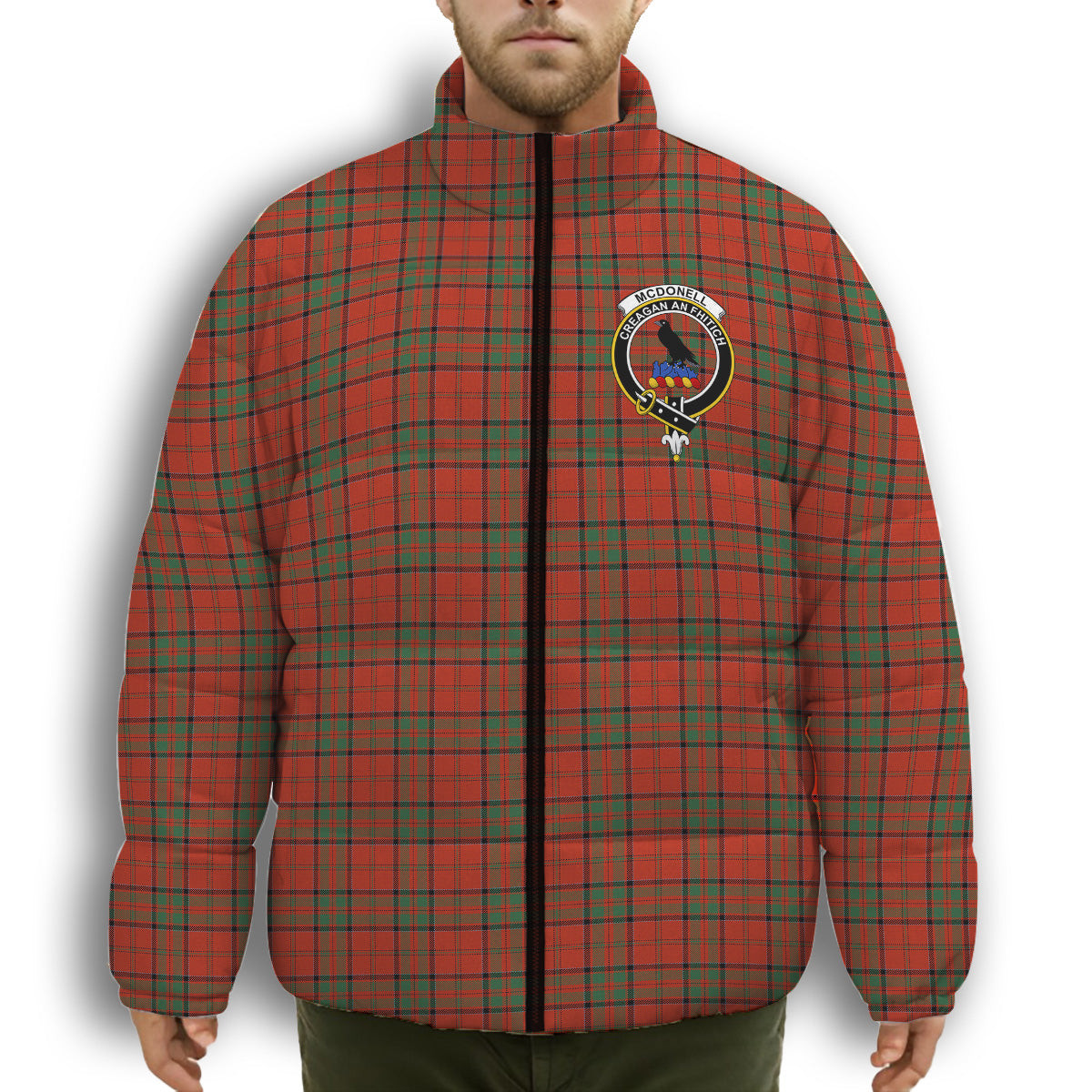 ScotsTee Shop Scottish McDonell of Keppoch Ancient Crest Tartan Collar Down Jacket Winter White Duck Down Plaid