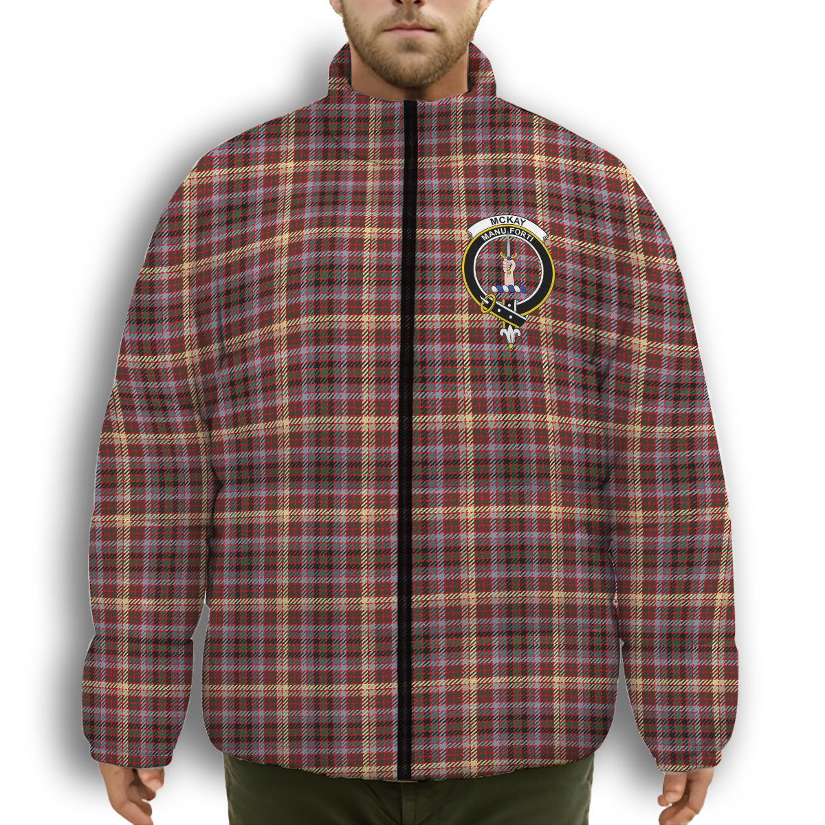 ScotsTee Shop Scottish McKay of Strathnaver Modern Crest Tartan Collar Down Jacket Winter White Duck Down Plaid