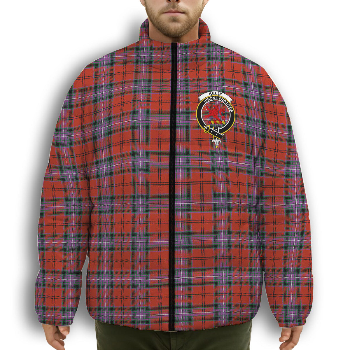 ScotsTee Shop Scottish Kelly of Sleat Red Ancient Crest Tartan Collar Down Jacket Winter White Duck Down Plaid
