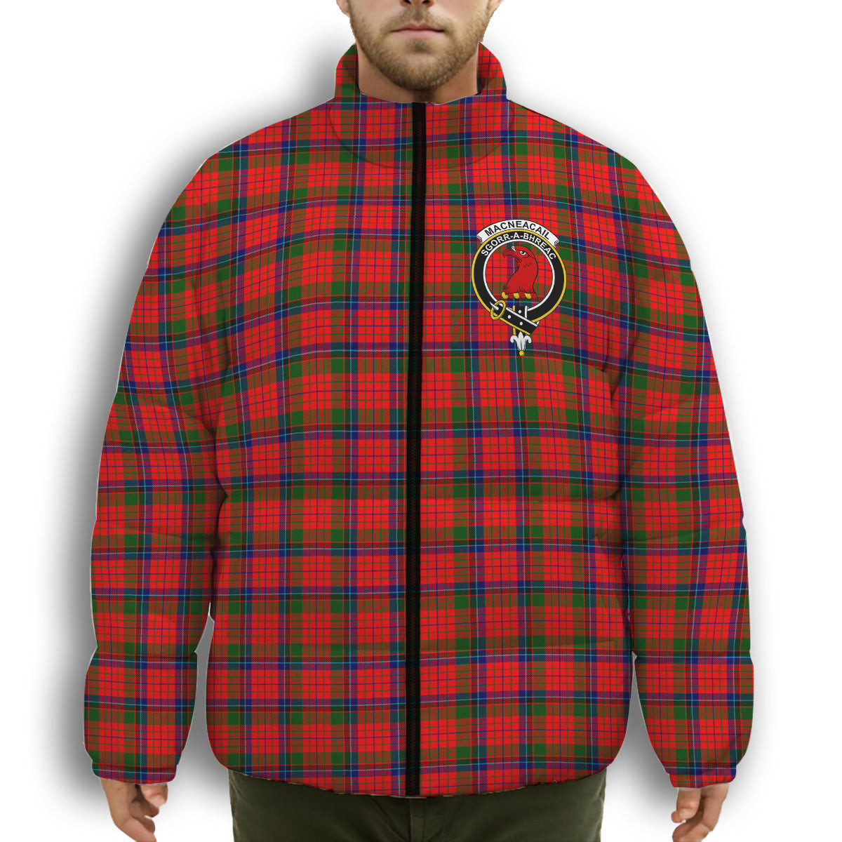 ScotsTee Shop Scottish MacNeacail of Scorrybreac Crest Tartan Collar Down Jacket Winter White Duck Down Plaid