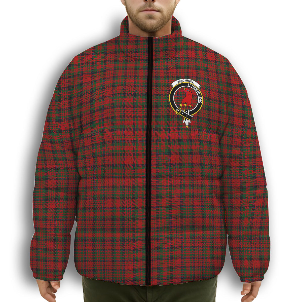 ScotsTee Shop Scottish MacNicol of Scorrybreac Crest Tartan Collar Down Jacket Winter White Duck Down Plaid