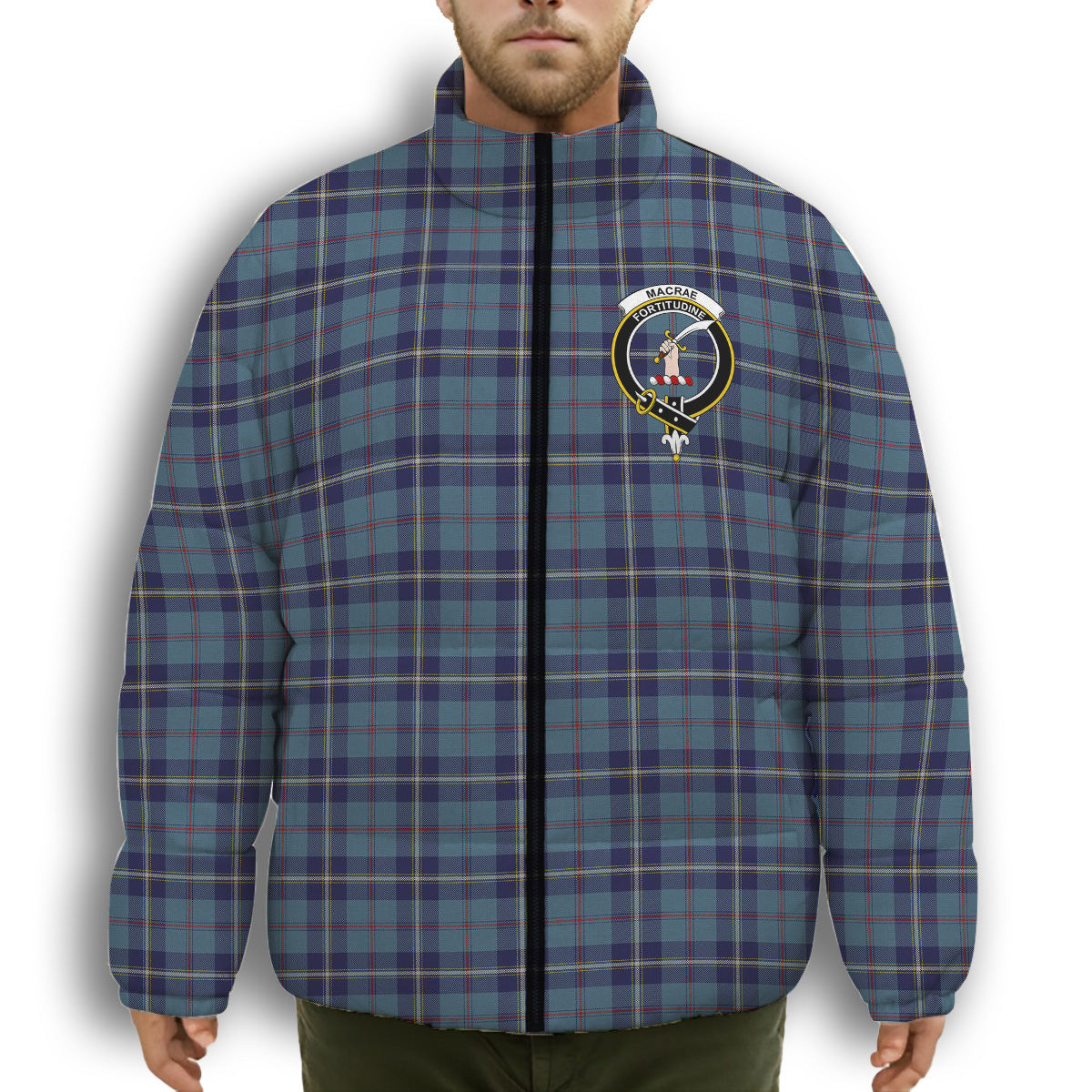 ScotsTee Shop Scottish MacRae of America Crest Tartan Collar Down Jacket Winter White Duck Down Plaid