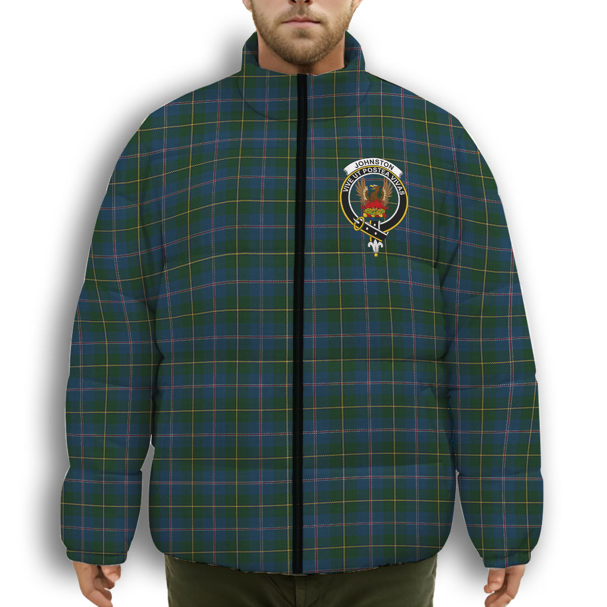 ScotsTee Shop Scottish Johnston Diana Hunting Crest Tartan Collar Down Jacket Winter White Duck Down Plaid