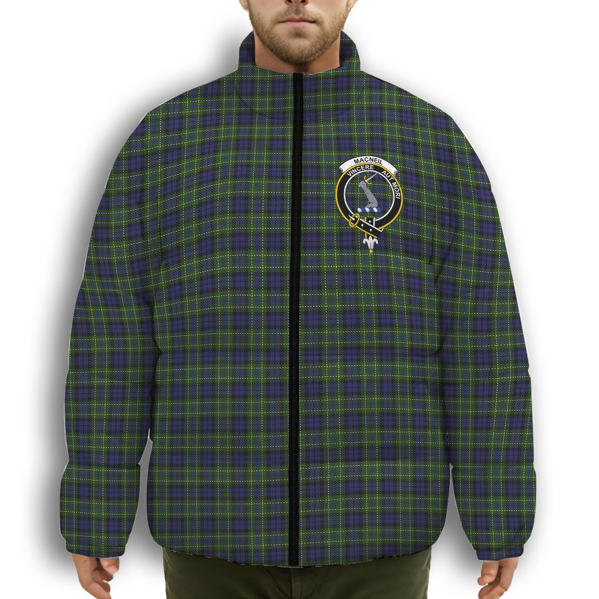 ScotsTee Shop Scottish MacNeil of Colonsay Crest Tartan Collar Down Jacket Winter White Duck Down Plaid