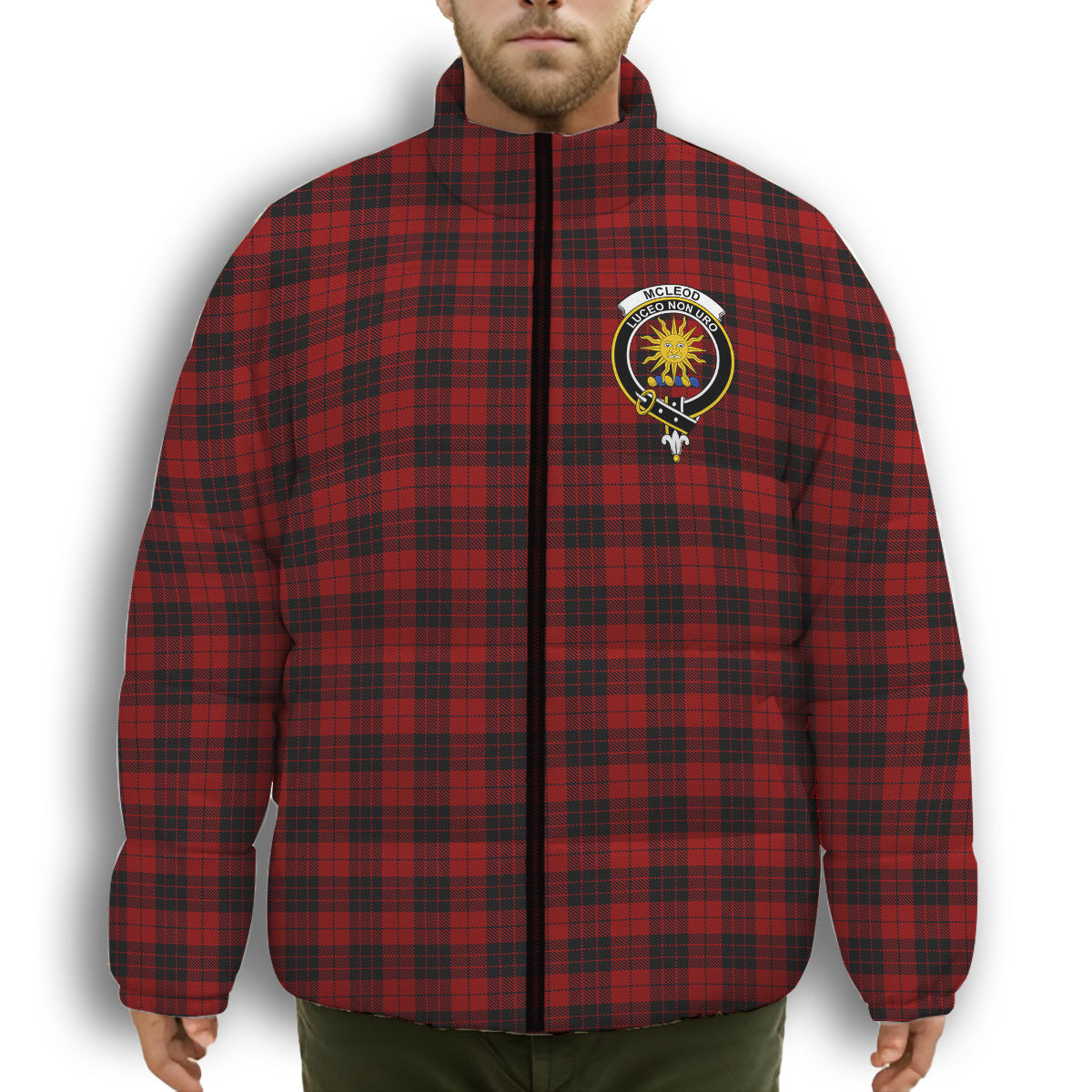 ScotsTee Shop Scottish McLeod of Raasay Highland Crest Tartan Collar Down Jacket Winter White Duck Down Plaid