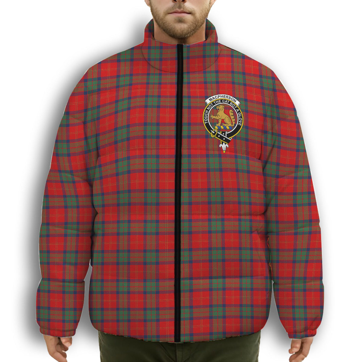 ScotsTee Shop Scottish MacPherson of Cluny Modern Crest Tartan Collar Down Jacket Winter White Duck Down Plaid