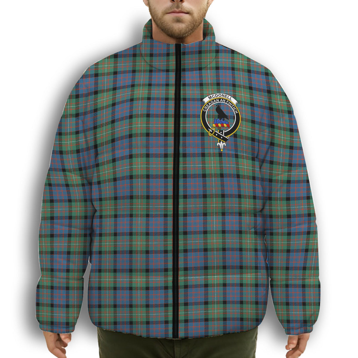 ScotsTee Shop Scottish McDonell Of Glengarry Ancient Crest Tartan Collar Down Jacket Winter White Duck Down Plaid