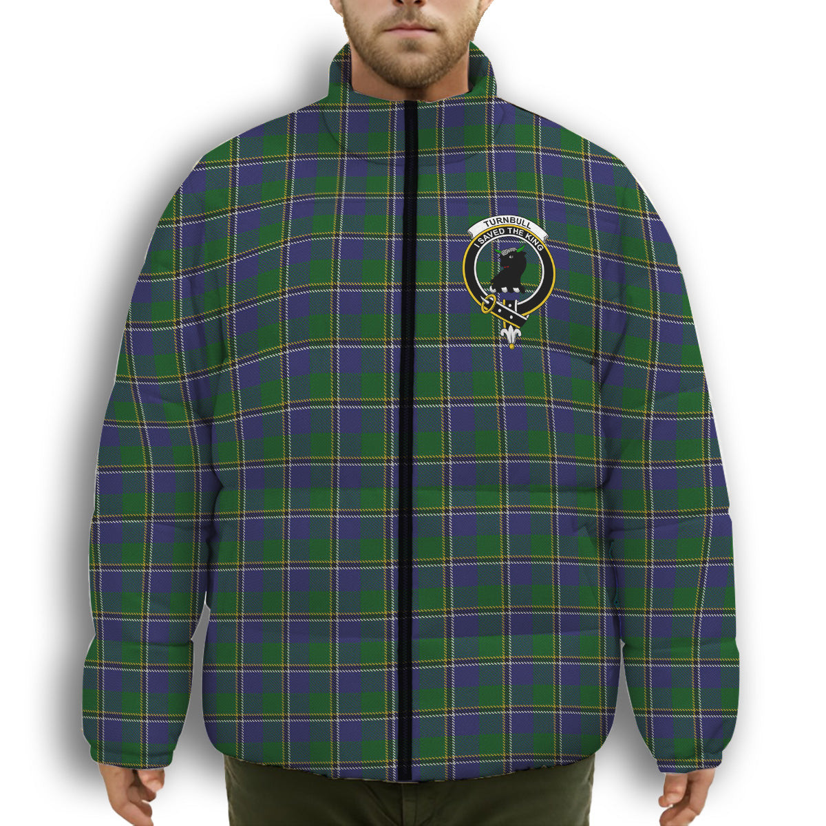 ScotsTee Shop Scottish Turnbull Hunting 1983 2 Crest Tartan Collar Down Jacket Winter White Duck Down Plaid
