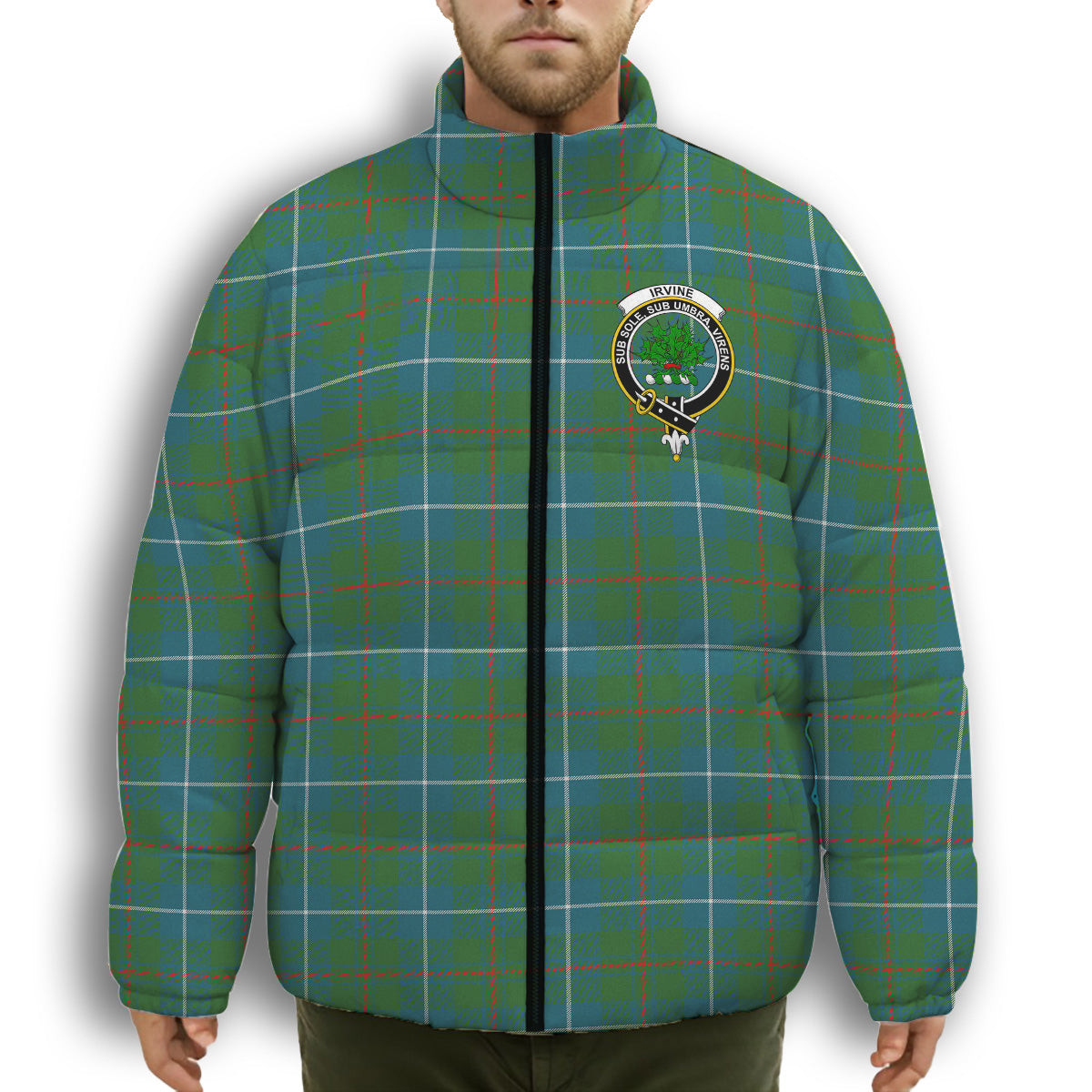 ScotsTee Shop Scottish Irvine of Bonshaw Tower Ancient Crest Tartan Collar Down Jacket Winter White Duck Down Plaid
