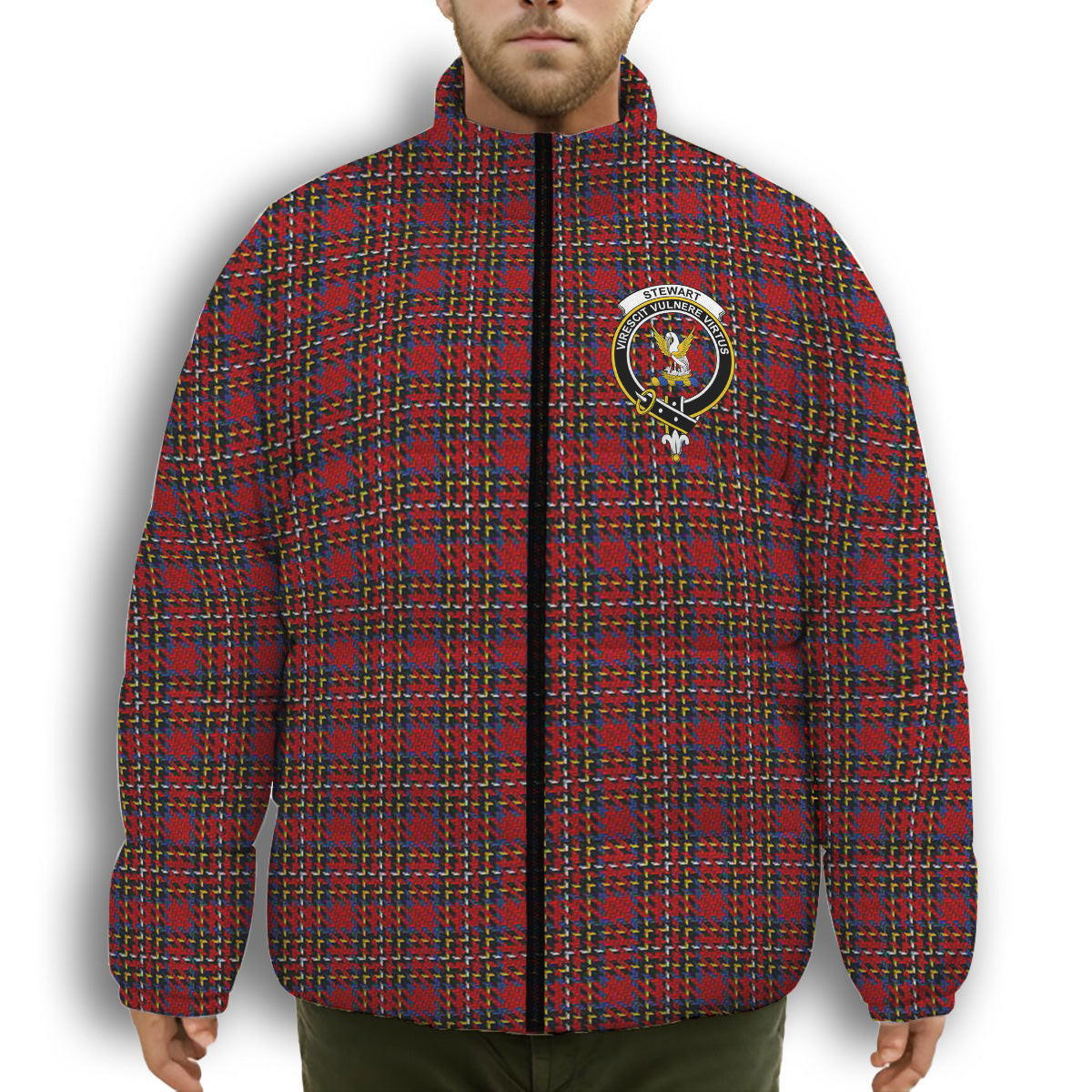 ScotsTee Shop Scottish Stewart Royal 1988 M&S Crest Tartan Collar Down Jacket Winter White Duck Down Plaid