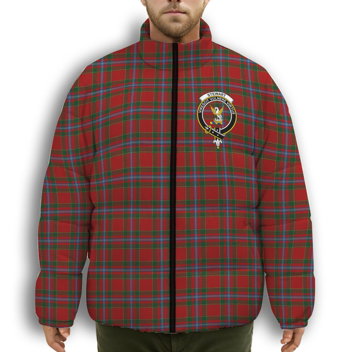 ScotsTee Shop Scottish Stewart of Fingask 1 Crest Tartan Collar Down Jacket Winter White Duck Down Plaid