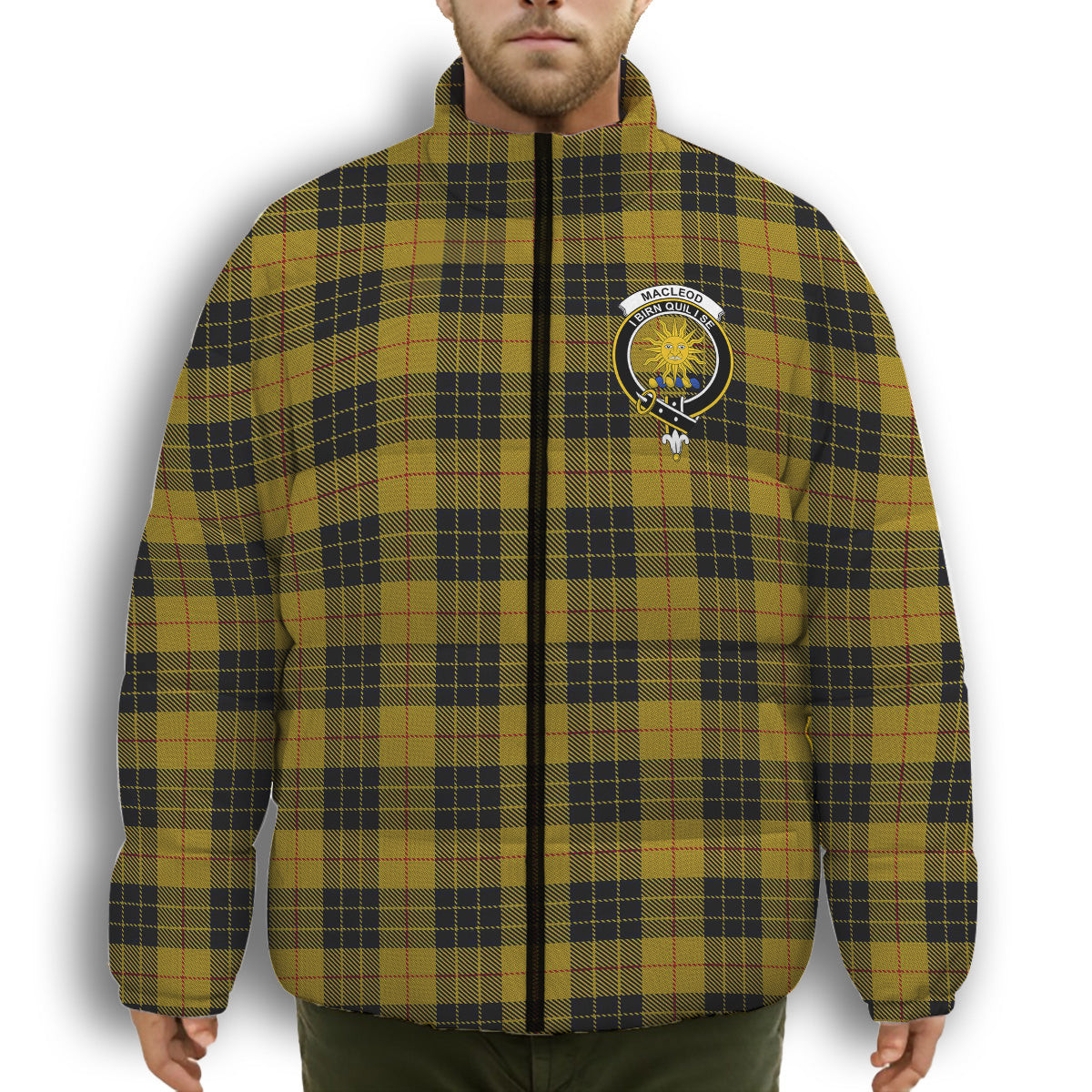 ScotsTee Shop Scottish MacLeod of Lewis Ancient Crest Tartan Collar Down Jacket Winter White Duck Down Plaid