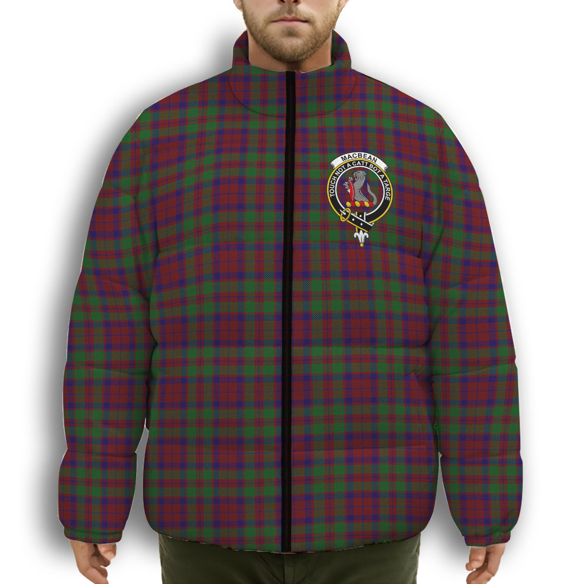 ScotsTee Shop Scottish MacBean of Tomatin Crest Tartan Collar Down Jacket Winter White Duck Down Plaid