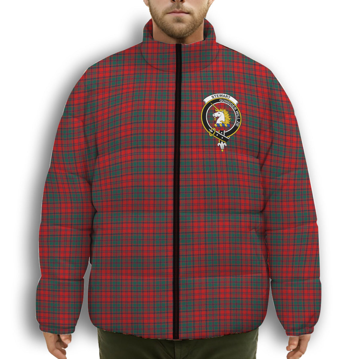 ScotsTee Shop Scottish Stewart of Appin Modern Clan Crest Tartan Collar Down Jacket Winter White Duck Down Plaid