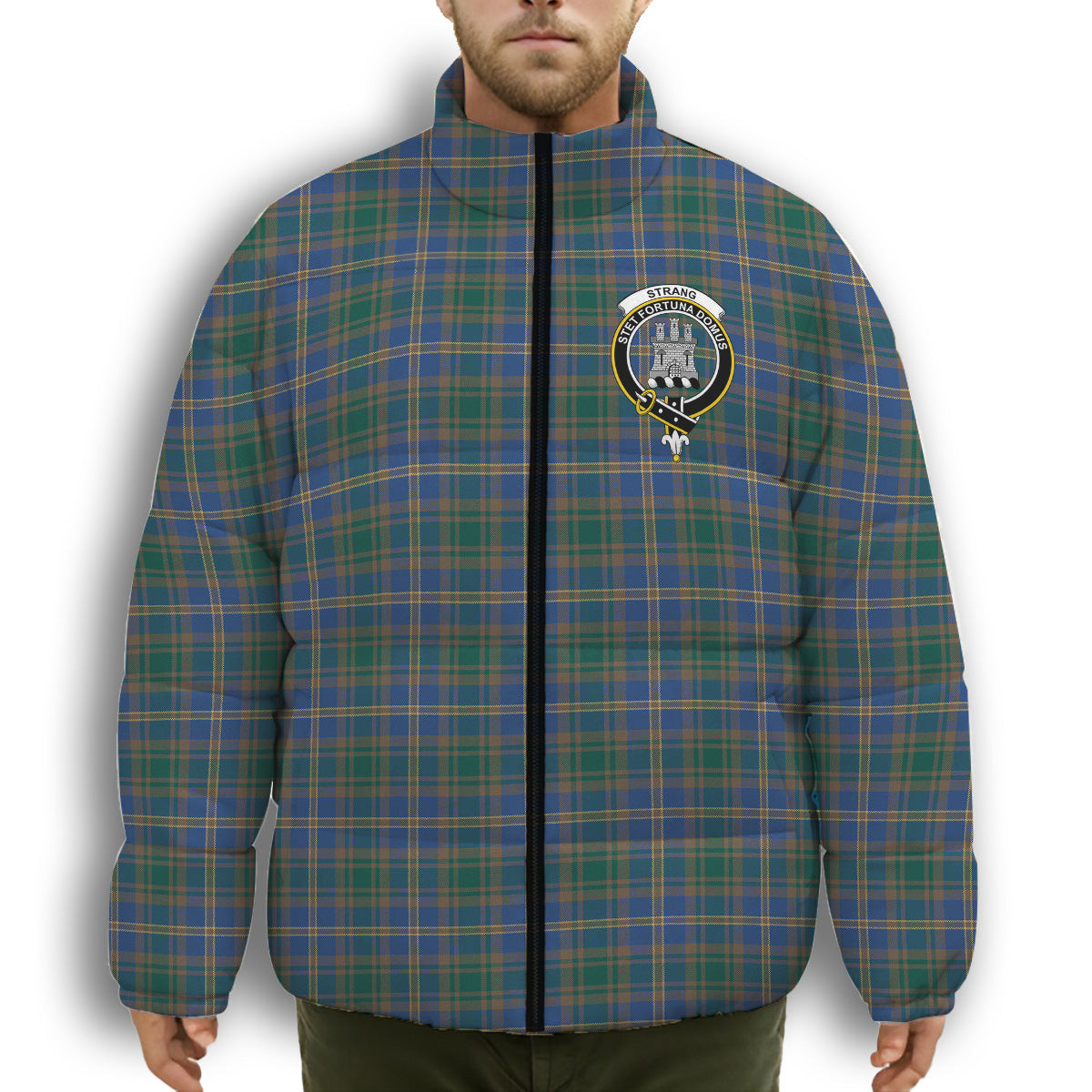 ScotsTee Shop Scottish Strang of Balkaskie Modern Crest Tartan Collar Down Jacket Winter White Duck Down Plaid