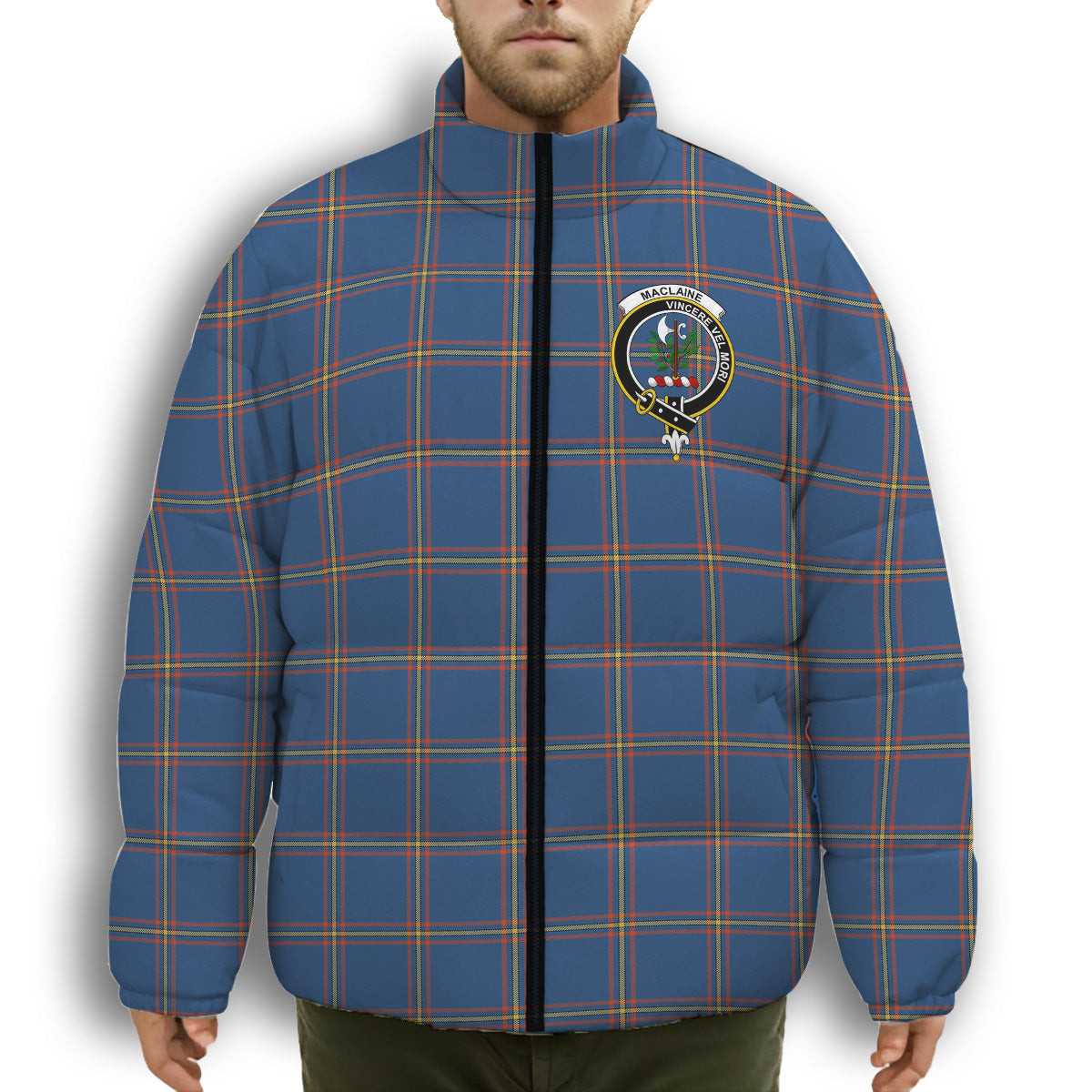 ScotsTee Shop Scottish MacLaine of Loch Buie Hunting Ancient Crest Tartan Collar Down Jacket Winter White Duck Down Plaid