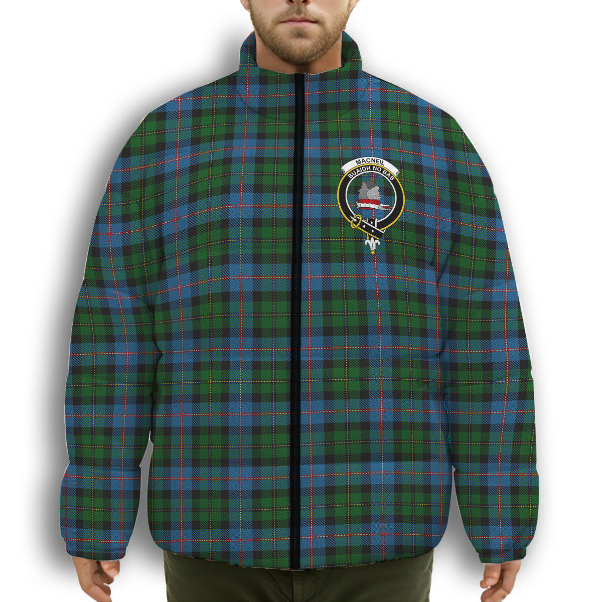 ScotsTee Shop Scottish MacNeil of Barra Chief Crest Tartan Collar Down Jacket Winter White Duck Down Plaid