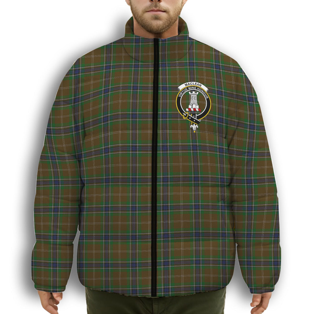 ScotsTee Shop Scottish MacLean of Kingairloch Crest Tartan Collar Down Jacket Winter White Duck Down Plaid
