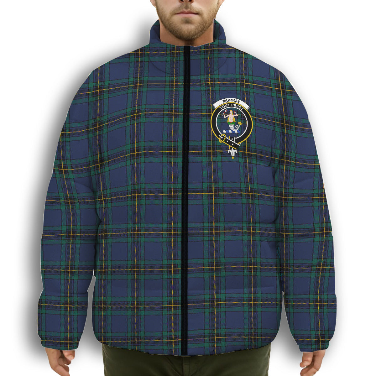 ScotsTee Shop Scottish Murray of Elibank Modern Crest Tartan Collar Down Jacket Winter White Duck Down Plaid