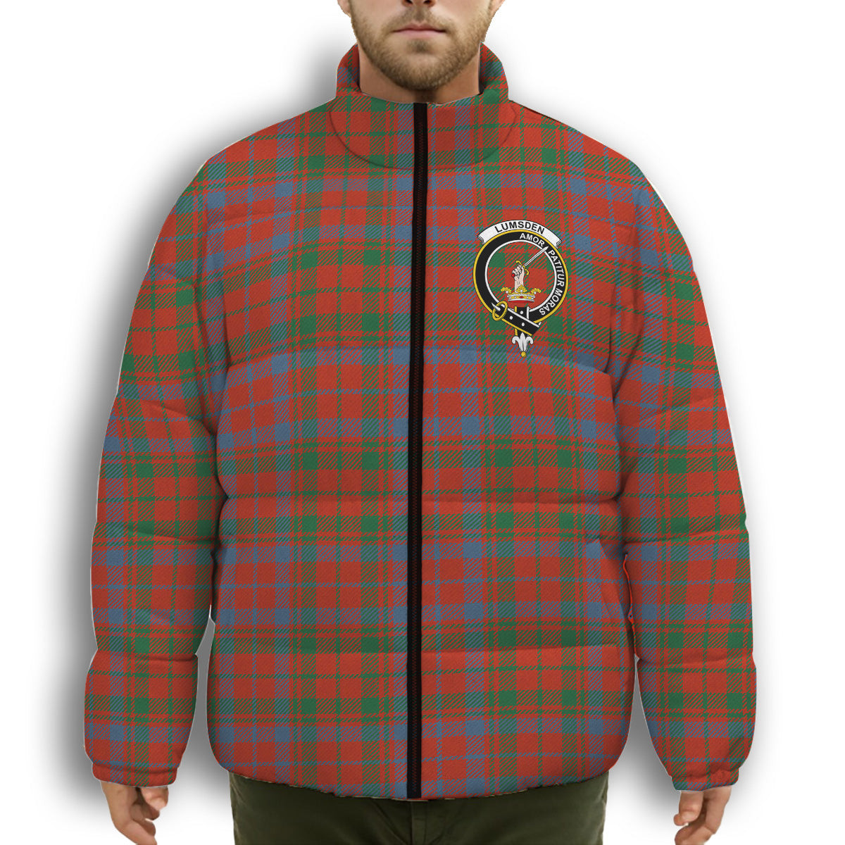 ScotsTee Shop Scottish Lumsden of Kintore Ancient Crest Tartan Collar Down Jacket Winter White Duck Down Plaid