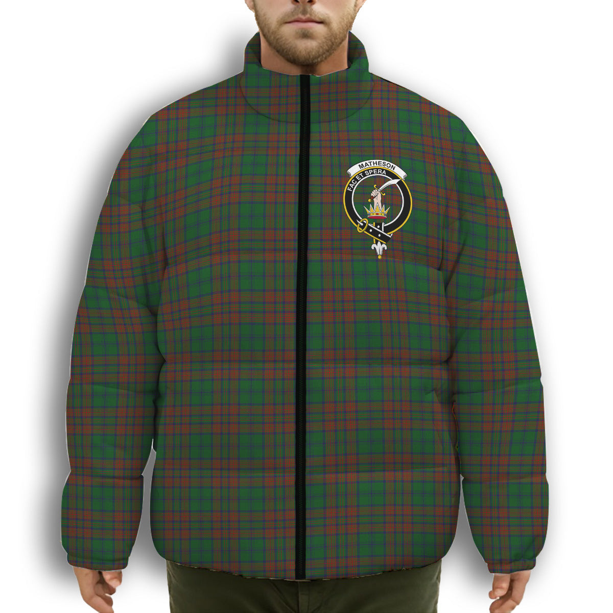 ScotsTee Shop Scottish Matheson Hunting Highland Crest Tartan Collar Down Jacket Winter White Duck Down Plaid