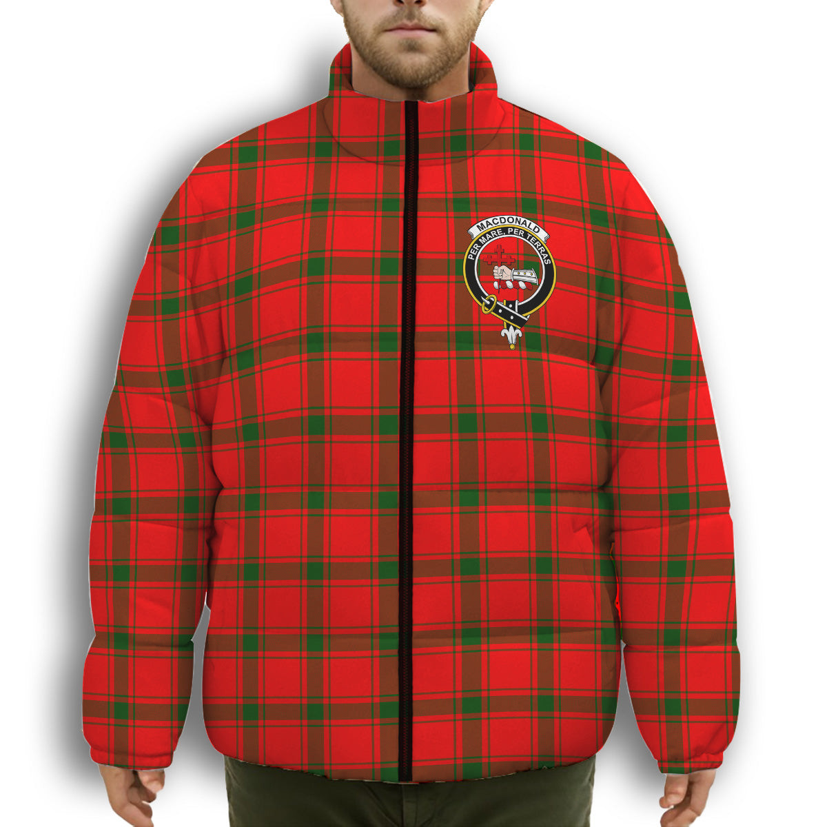 ScotsTee Shop Scottish MacDonald of Sleat SC Crest Tartan Collar Down Jacket Winter White Duck Down Plaid
