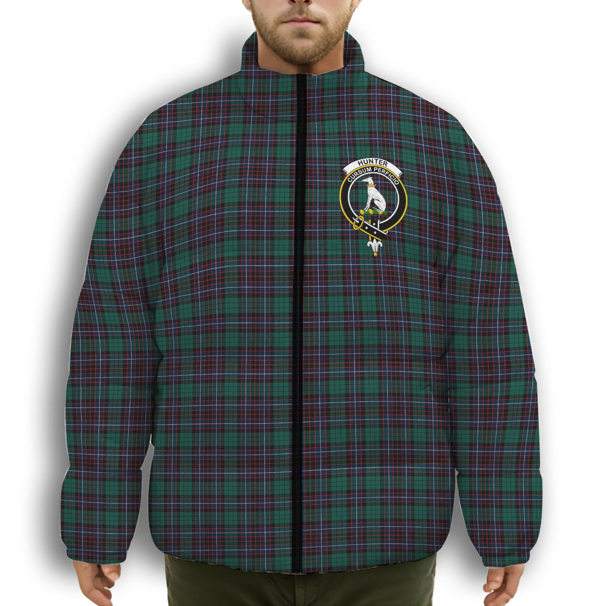 ScotsTee Shop Scottish Hunter of Peebleshire Modern Crest Tartan Collar Down Jacket Winter White Duck Down Plaid